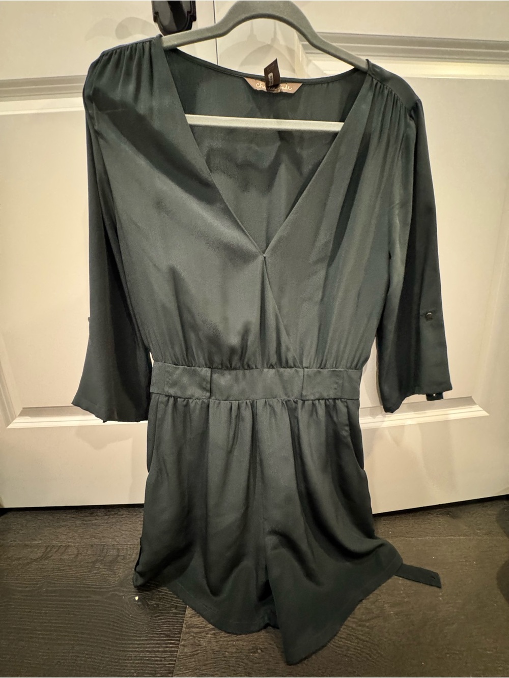 Charlie Jade Dark Green V-Neck Satin Romper